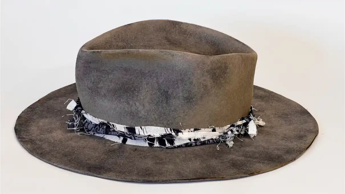 DUSTLINE — Handcrafted Distressed Grey Fedora with Frayed Textile Band