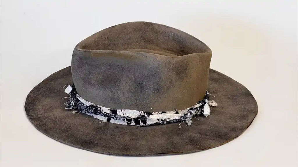 DUSTLINE — Handcrafted Distressed Grey Fedora with Frayed Textile Band
