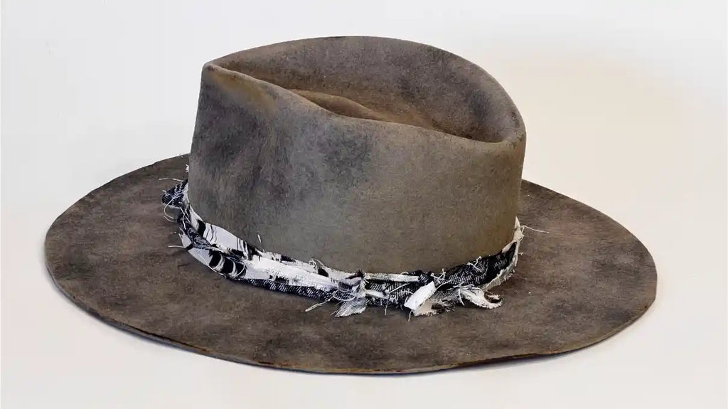 DUSTLINE — Handcrafted Distressed Grey Fedora with Frayed Textile Band