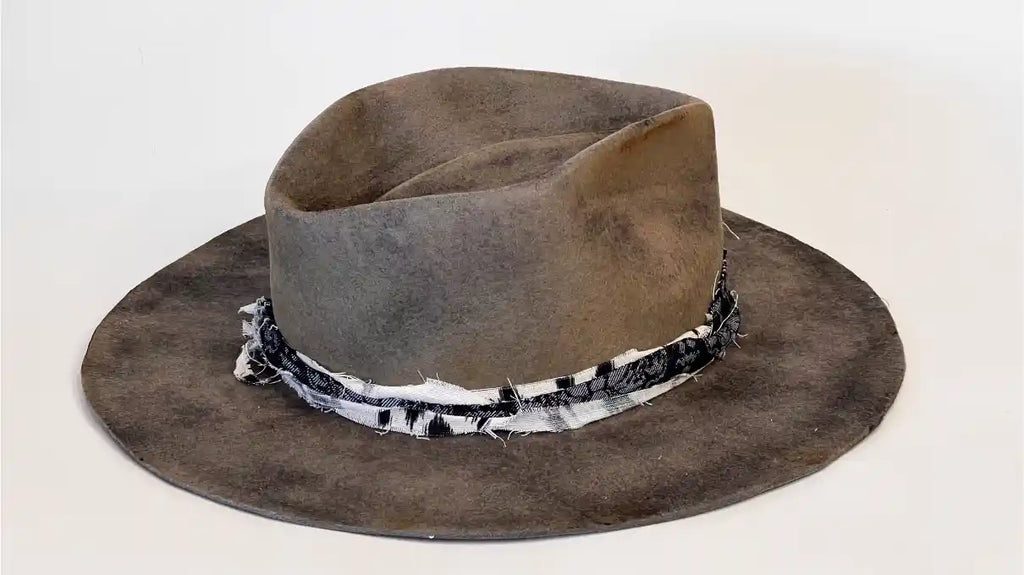 DUSTLINE — Handcrafted Distressed Grey Fedora with Frayed Textile Band
