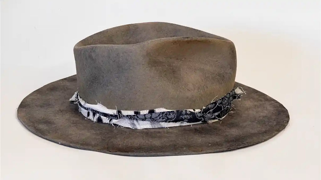 DUSTLINE — Handcrafted Distressed Grey Fedora with Frayed Textile Band