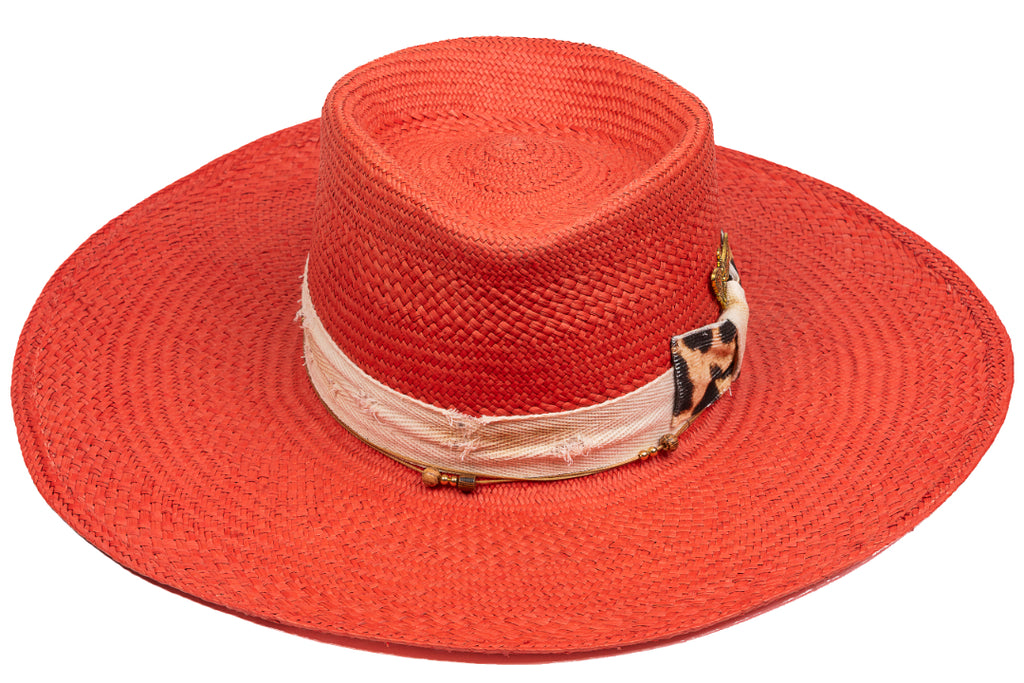 Saffron – Hand-Woven Straw Boater with Leopard & Bee Accents