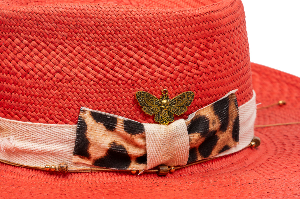 Saffron – Hand-Woven Straw Boater with Leopard & Bee Accents