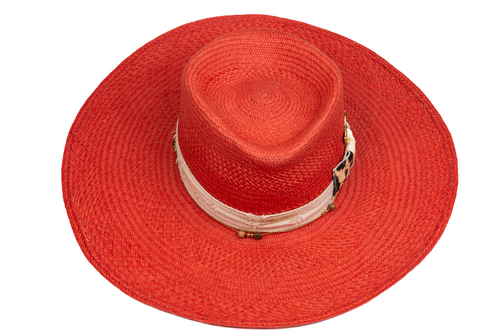Saffron – Hand-Woven Straw Boater with Leopard & Bee Accents