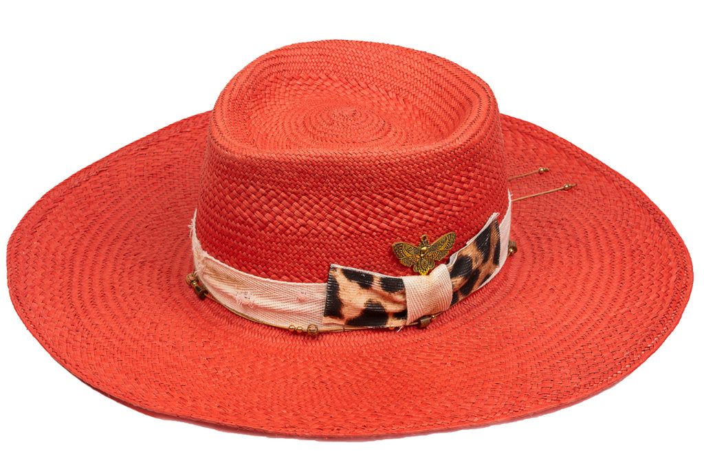 Saffron – Hand-Woven Straw Boater with Leopard & Bee Accents