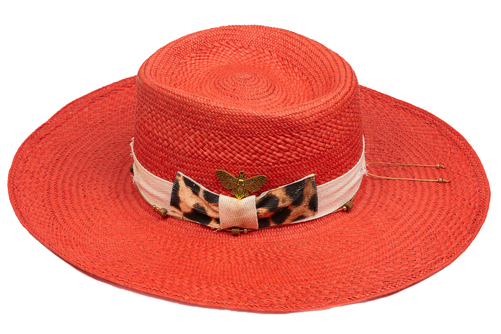 Saffron – Hand-Woven Straw Boater with Leopard & Bee Accents