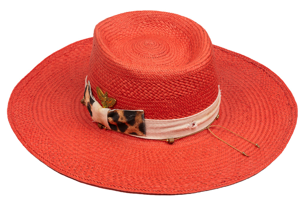 Saffron – Hand-Woven Straw Boater with Leopard & Bee Accents