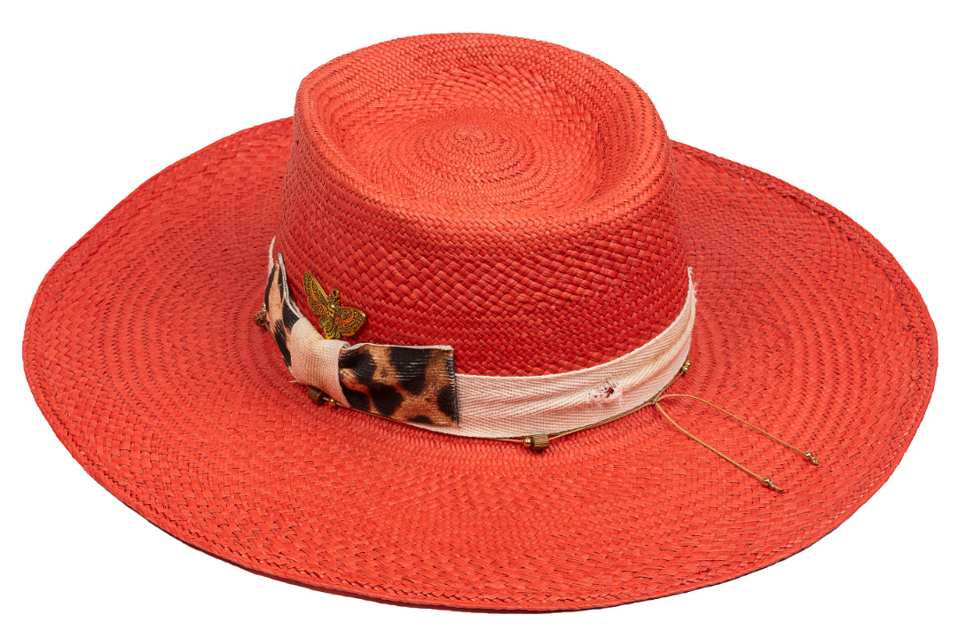 Saffron – Hand-Woven Straw Boater with Leopard & Bee Accents