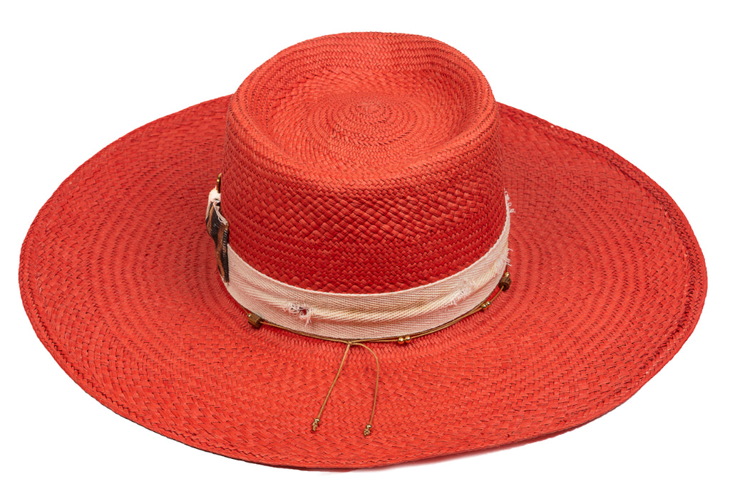 Saffron – Hand-Woven Straw Boater with Leopard & Bee Accents