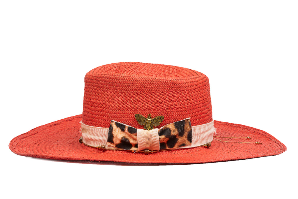 Saffron – Hand-Woven Straw Boater with Leopard & Bee Accents