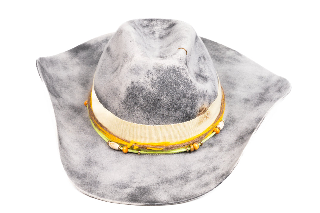 Solstice – Handcrafted Distressed Grey Fedora with Yellow Accents