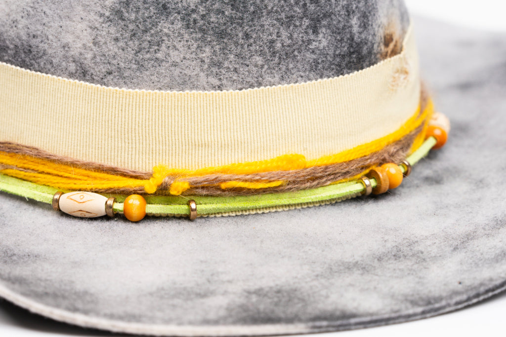 Solstice – Handcrafted Distressed Grey Fedora with Yellow Accents
