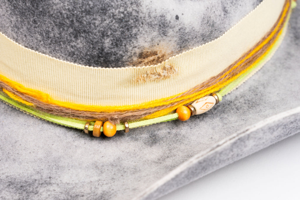 Solstice – Handcrafted Distressed Grey Fedora with Yellow Accents