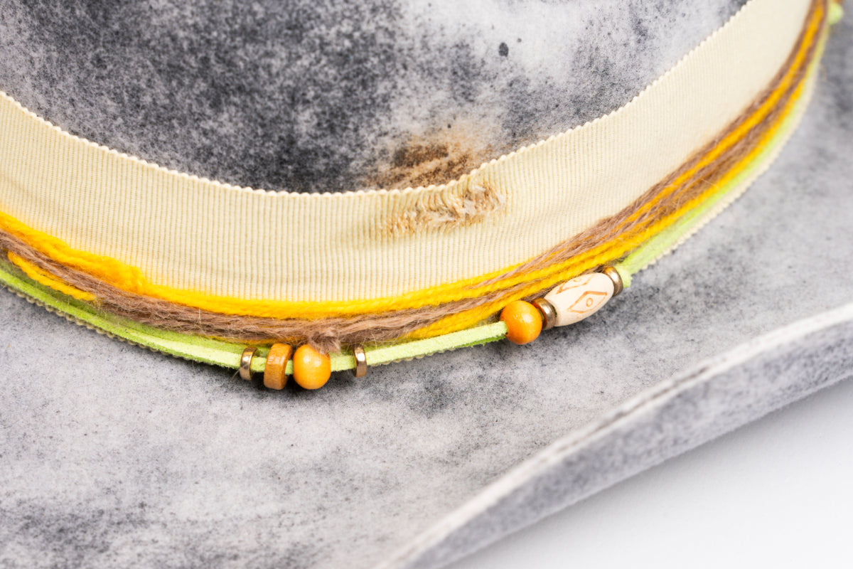 Solstice – Handcrafted Distressed Grey Fedora with Yellow Accents