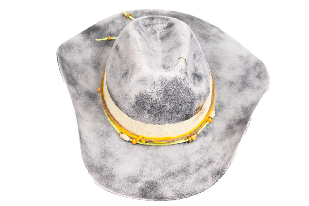 Solstice – Handcrafted Distressed Grey Fedora with Yellow Accents