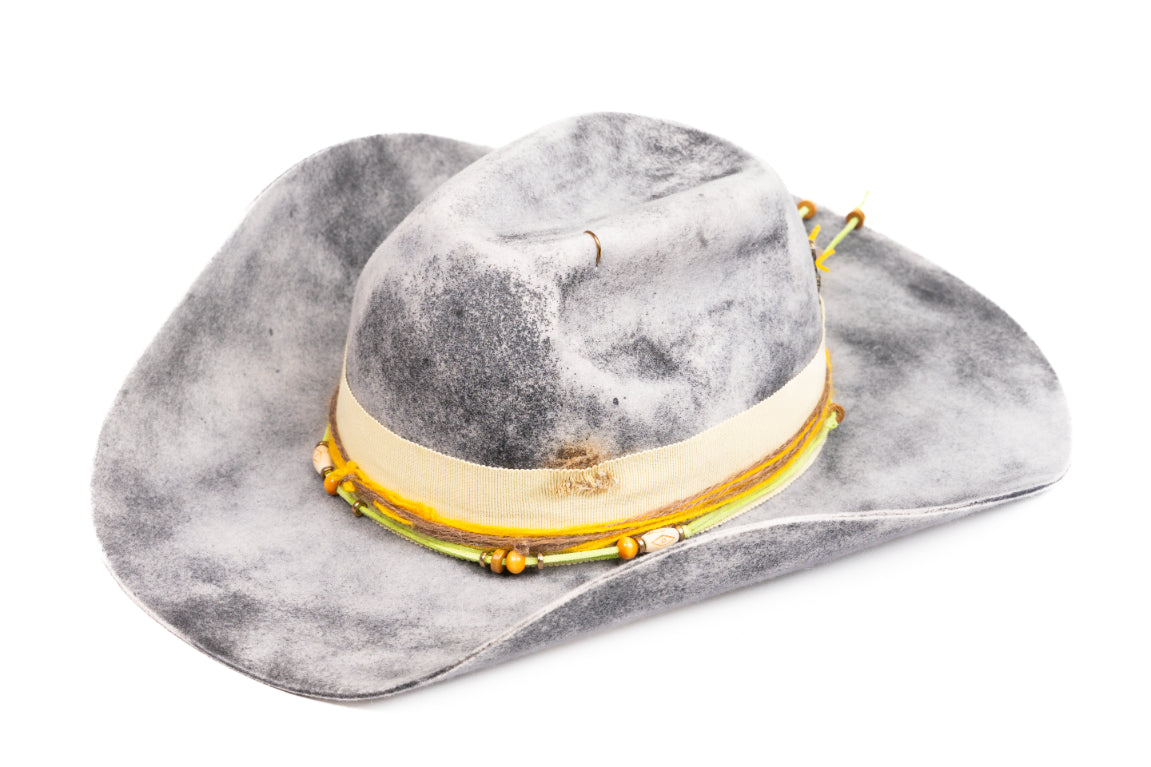 Solstice – Handcrafted Distressed Grey Fedora with Yellow Accents