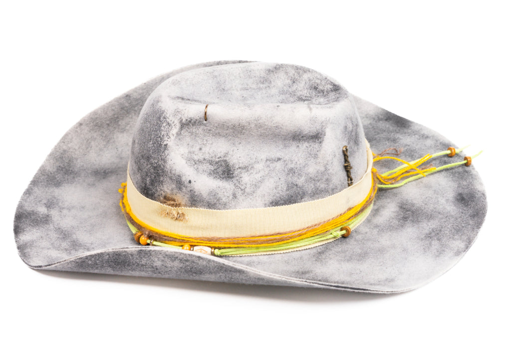 Solstice – Handcrafted Distressed Grey Fedora with Yellow Accents
