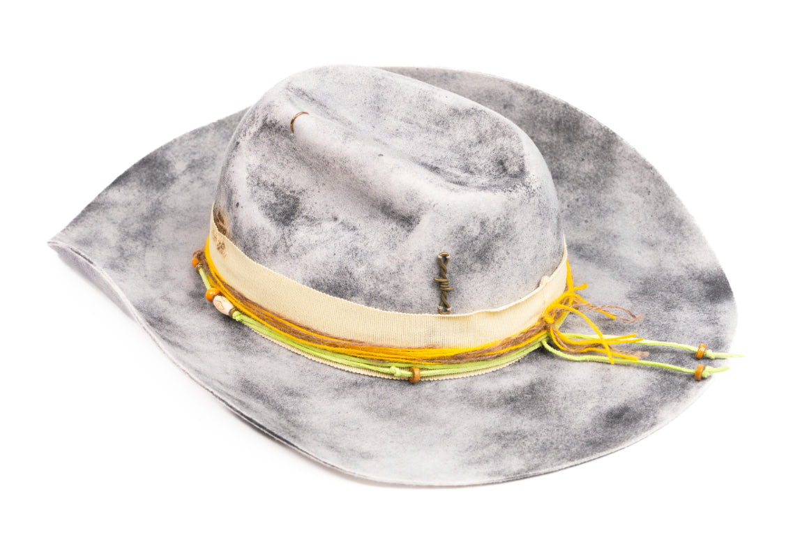 Solstice – Handcrafted Distressed Grey Fedora with Yellow Accents