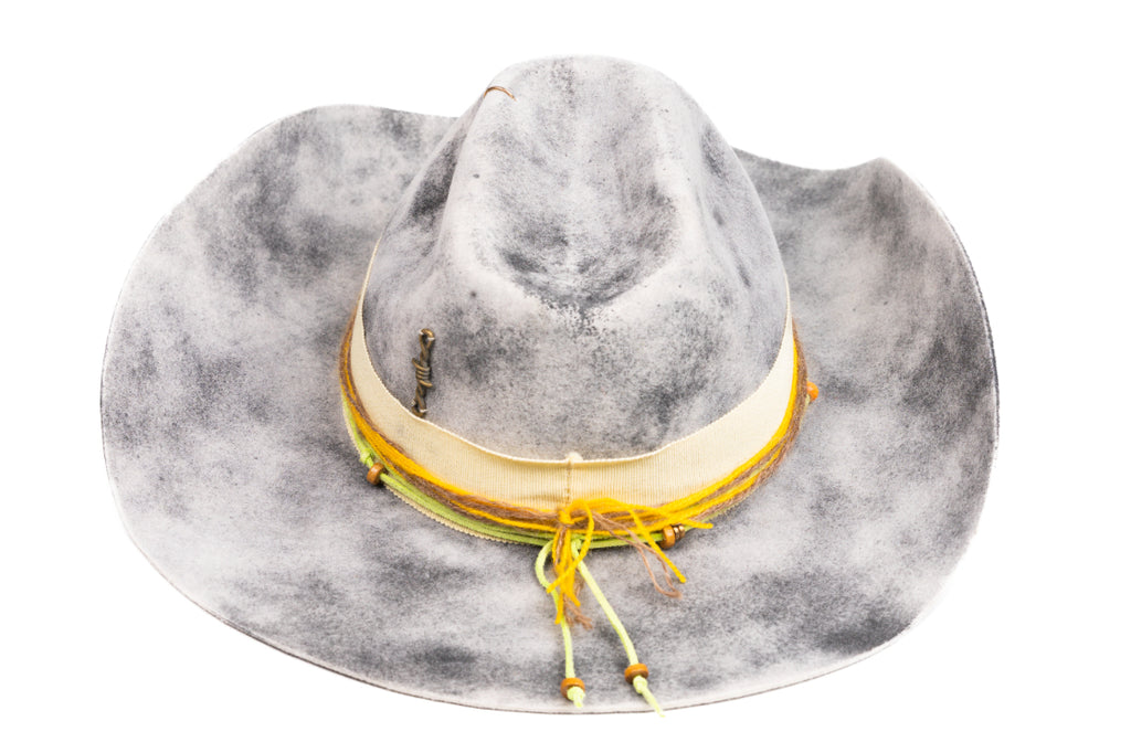 Solstice – Handcrafted Distressed Grey Fedora with Yellow Accents