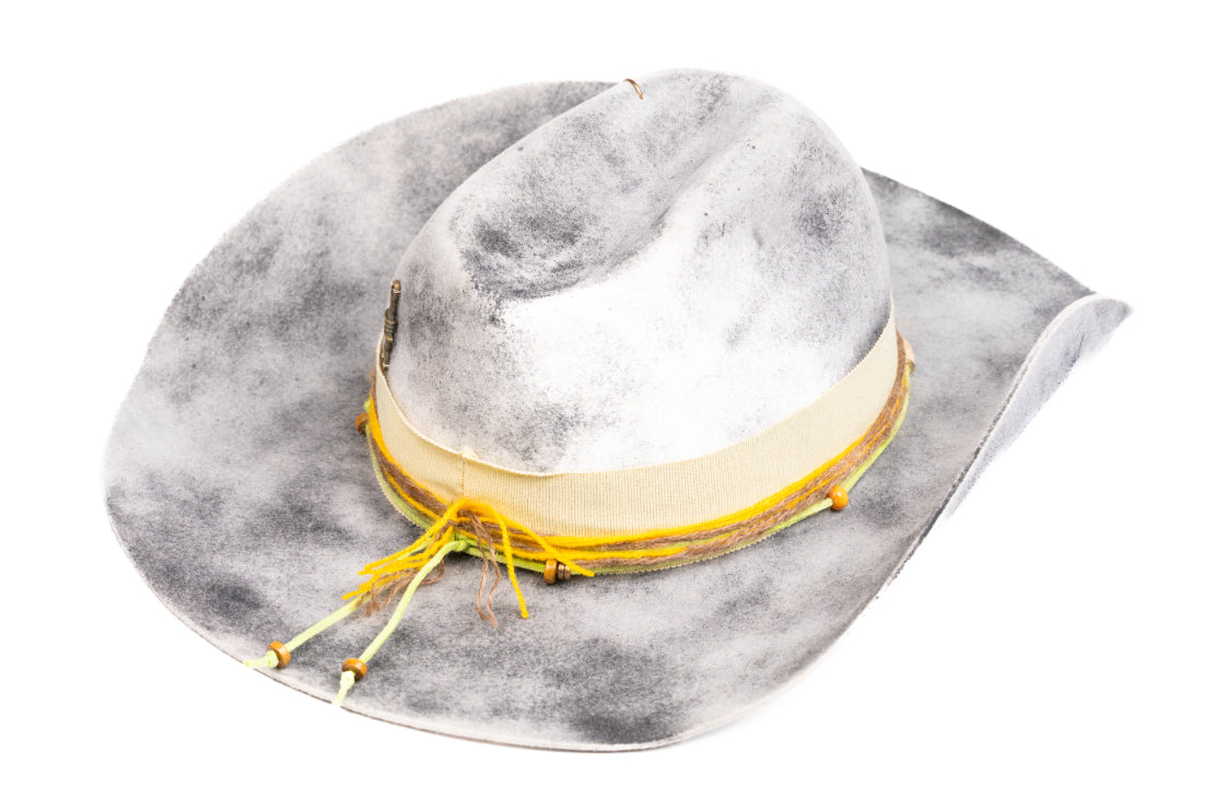 Solstice – Handcrafted Distressed Grey Fedora with Yellow Accents