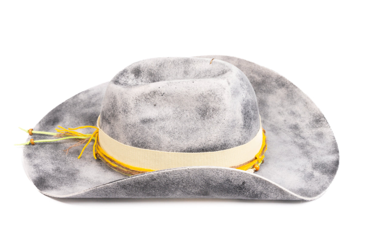Solstice – Handcrafted Distressed Grey Fedora with Yellow Accents