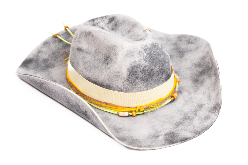 Solstice – Handcrafted Distressed Grey Fedora with Yellow Accents