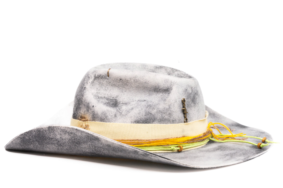 Solstice – Handcrafted Distressed Grey Fedora with Yellow Accents